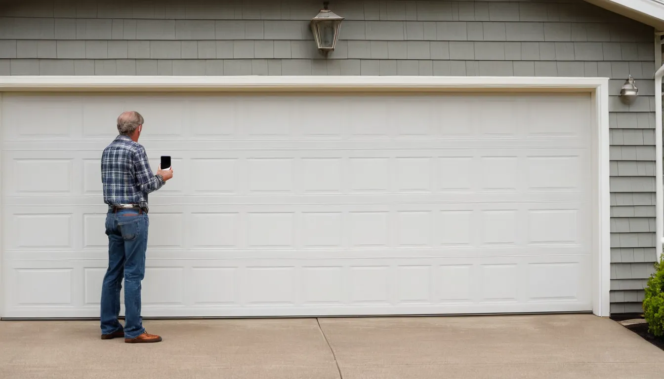 A homeowner in East Bethel photographing a stuck garage door with a phone